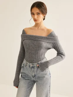 COMMENSE Cold Shoulder Ribbed Slim Sweater* Sweater Tops|Sweaters & Cardigans