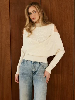 COMMENSE Cold-Shoulder Criss Cross Panel Sweater* Sweater Tops|Sweaters & Cardigans