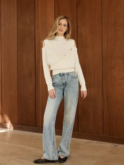 COMMENSE Cold-Shoulder Criss Cross Panel Sweater* Sweater Tops|Sweaters & Cardigans