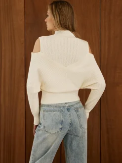 COMMENSE Cold-Shoulder Criss Cross Panel Sweater* Sweater Tops|Sweaters & Cardigans