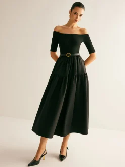 COMMENSE Cold-Shoulder Panel Pleated Belted Dress* Black Dresses|Casual Dresses