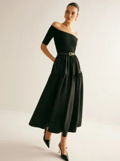 COMMENSE Cold-Shoulder Panel Pleated Belted Dress* Black Dresses|Casual Dresses
