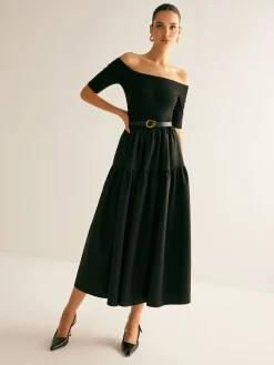 COMMENSE Cold-Shoulder Panel Pleated Belted Dress* Black Dresses|Casual Dresses