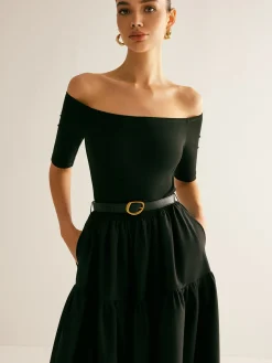 COMMENSE Cold-Shoulder Panel Pleated Belted Dress* Black Dresses|Casual Dresses
