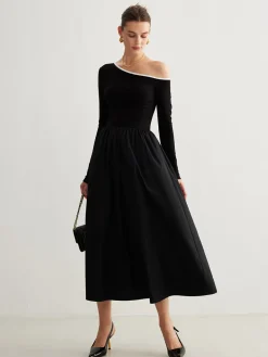 COMMENSE Cold-Shoulder Pockets Panel Dress Without Belt* Black Dresses|Casual Dresses