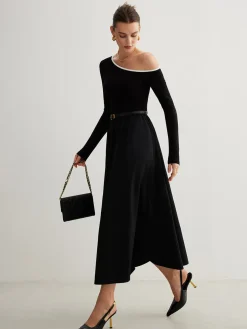 COMMENSE Cold-Shoulder Pockets Panel Dress Without Belt* Black Dresses|Casual Dresses
