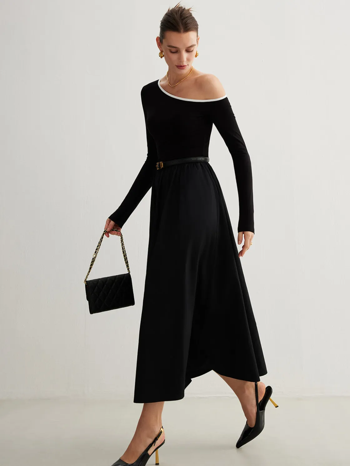 COMMENSE Cold-Shoulder Pockets Panel Dress Without Belt* Black Dresses|Casual Dresses