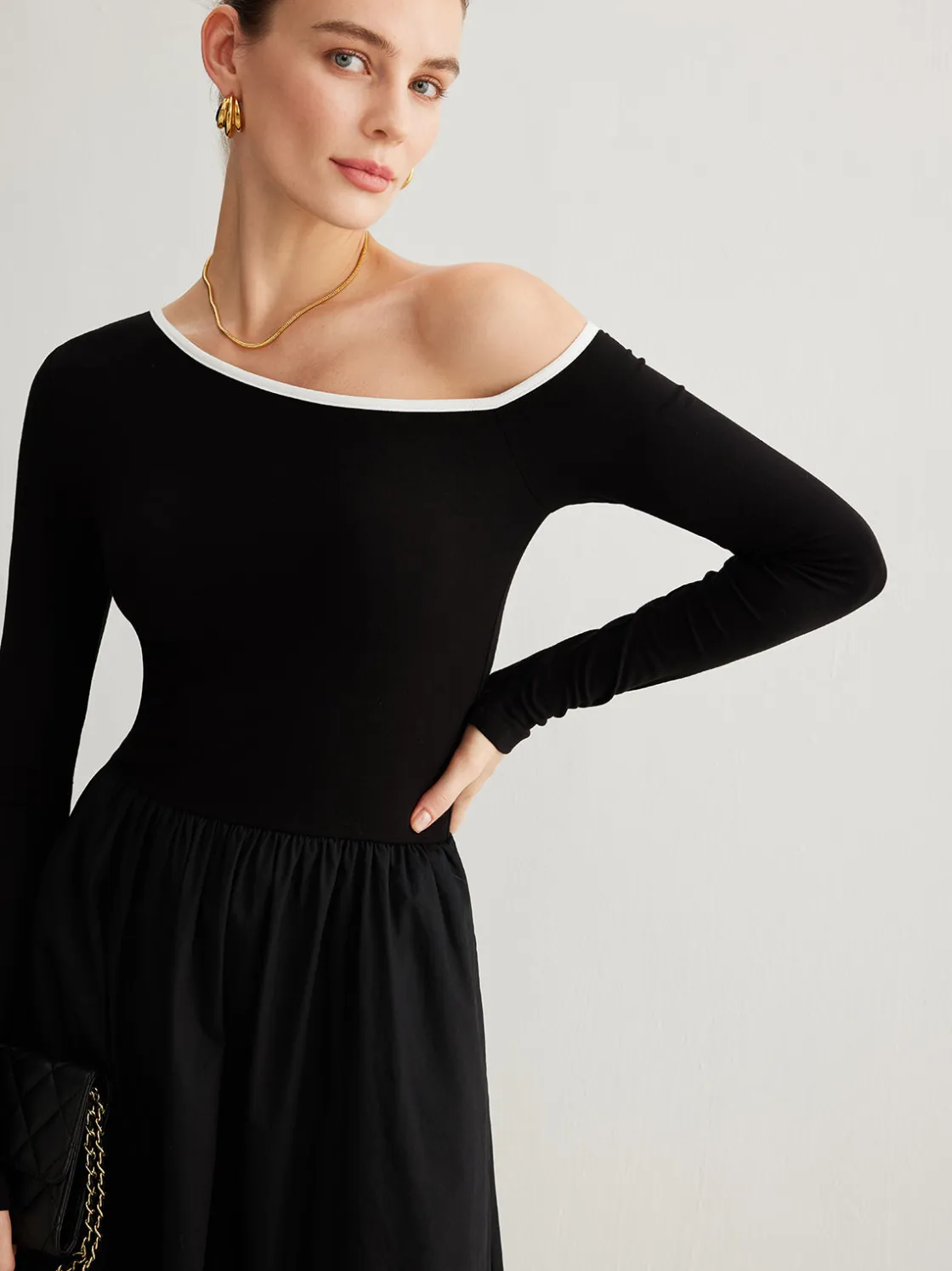 COMMENSE Cold-Shoulder Pockets Panel Dress Without Belt* Black Dresses|Casual Dresses