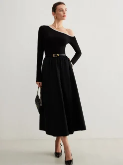 COMMENSE Cold-Shoulder Pockets Panel Dress Without Belt* Black Dresses|Casual Dresses