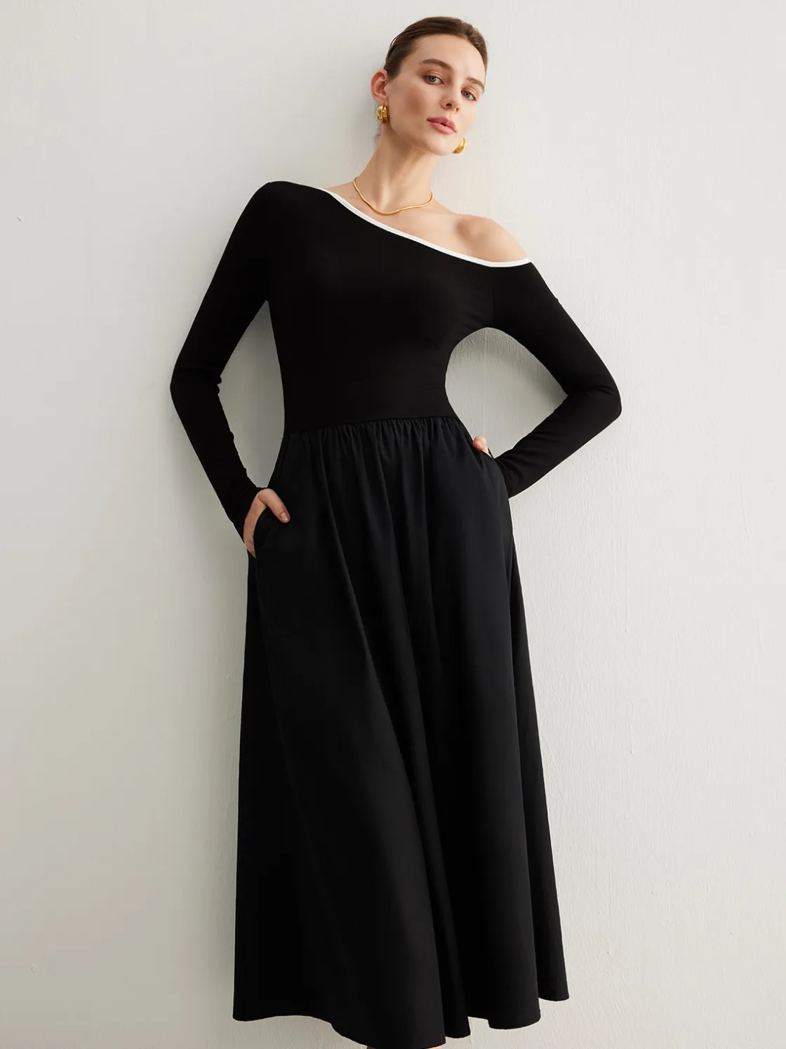 COMMENSE Cold-Shoulder Pockets Panel Dress Without Belt* Black Dresses|Casual Dresses