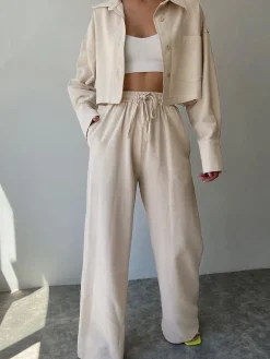 COMMENSE Collared Drawstring Two Piece Pants Set* Matching Sets|Bottoms