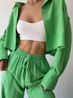 COMMENSE Collared Drawstring Two Piece Pants Set* Matching Sets|Bottoms