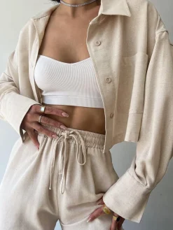 COMMENSE Collared Drawstring Two Piece Pants Set* Matching Sets|Bottoms