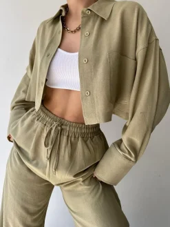 COMMENSE Collared Drawstring Two Piece Pants Set* Matching Sets|Bottoms