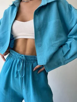 COMMENSE Collared Drawstring Two Piece Pants Set* Matching Sets|Bottoms