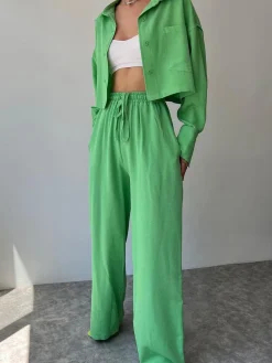 COMMENSE Collared Drawstring Two Piece Pants Set* Matching Sets|Bottoms