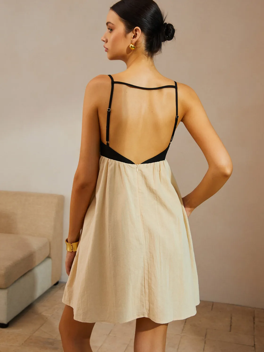 COMMENSE Color Block Backless Spaghetti Strap Short Dress* Casual Dresses|Vacation Dresses