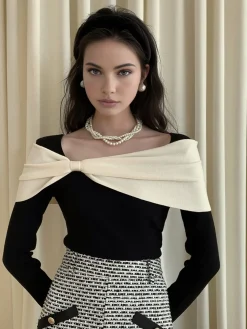 COMMENSE Color Block Bow Slim Sweater* Sweater Tops|Sweaters & Cardigans