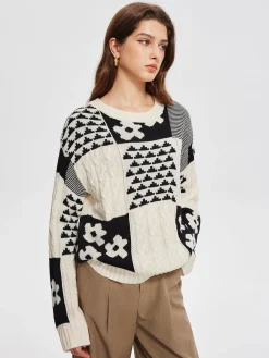 COMMENSE Color Block Cable-Knit Warm Sweater* Sweater Tops|Sweaters & Cardigans