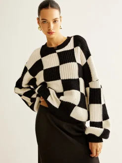 COMMENSE Color Block Checkerboard Sweater* Sweater Tops|Sweaters & Cardigans