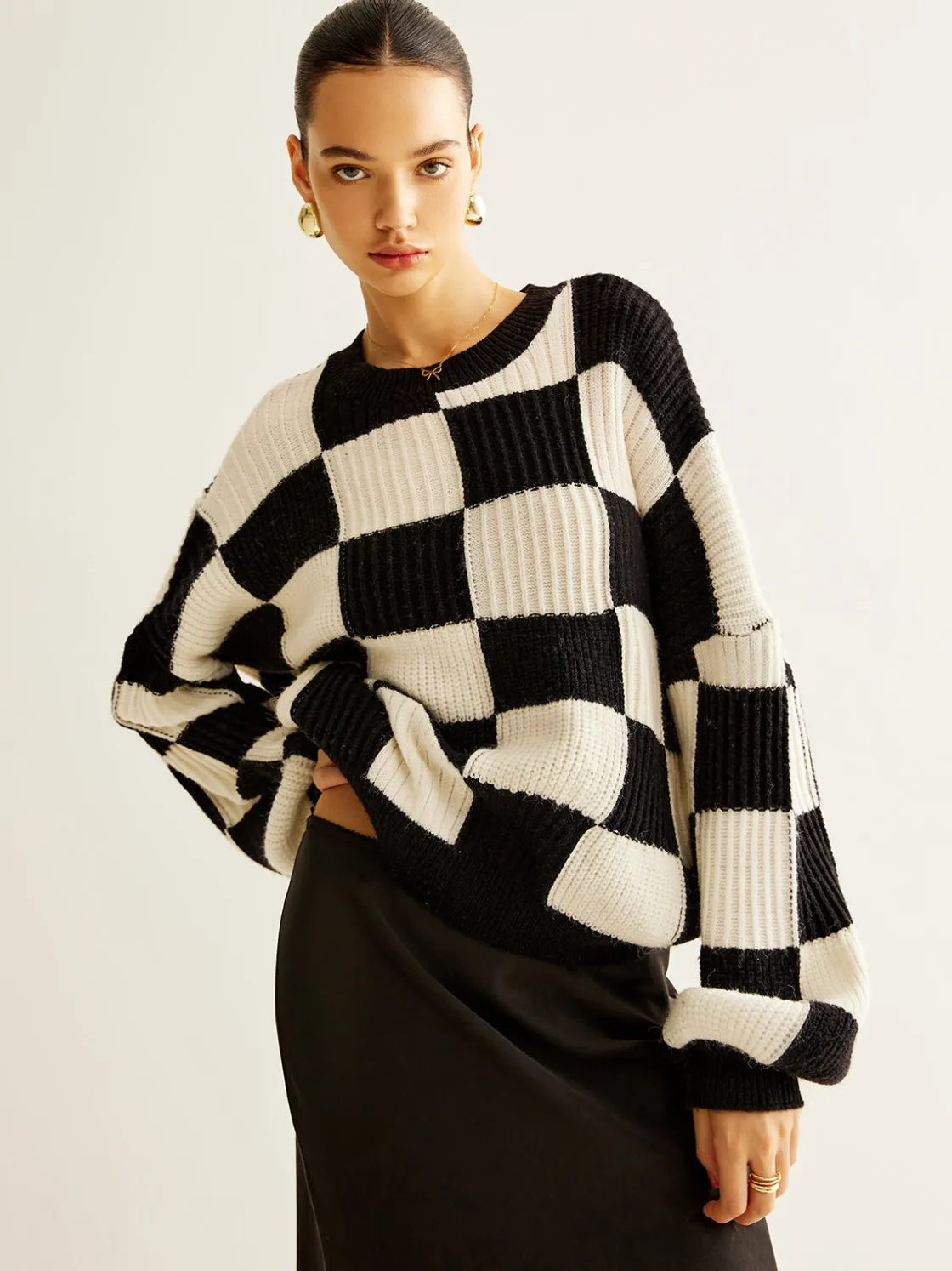 COMMENSE Color Block Checkerboard Sweater* Sweater Tops|Sweaters & Cardigans