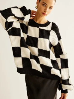 COMMENSE Color Block Checkerboard Sweater* Sweater Tops|Sweaters & Cardigans