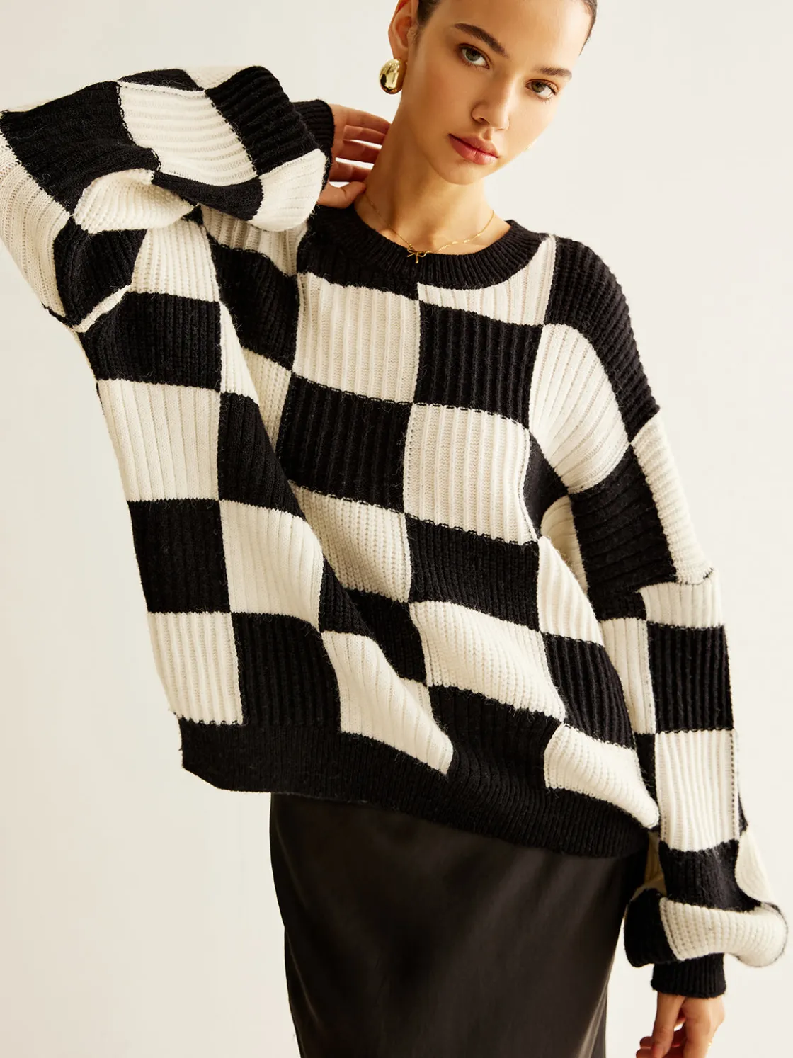 COMMENSE Color Block Checkerboard Sweater* Sweater Tops|Sweaters & Cardigans