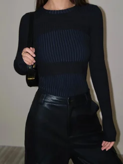COMMENSE Color block Crew Neck Knit Top* Sweater Tops|Sweaters & Cardigans