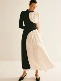 COMMENSE Color Block Drawstring Dress* Black Dresses|Casual Dresses