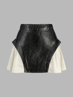 COMMENSE Color Block Faux Leather Mini Skirt* Skirts|Bottoms