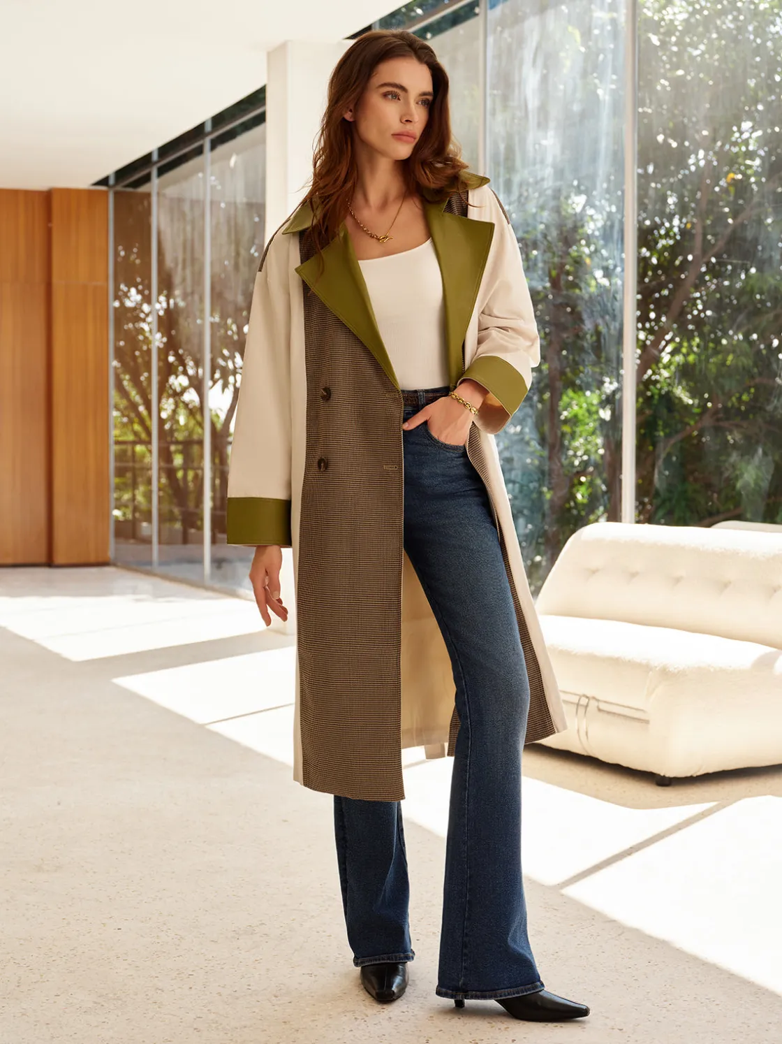 COMMENSE Color Block Faux Leather Trench Coat* Outerwear|Tops
