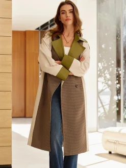COMMENSE Color Block Faux Leather Trench Coat* Outerwear|Tops