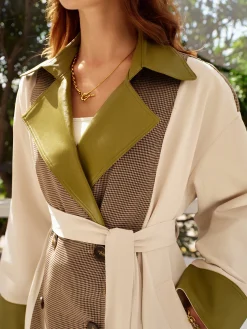 COMMENSE Color Block Faux Leather Trench Coat* Outerwear|Tops