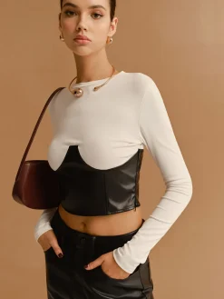 COMMENSE Color Block Faux Leather Crop Blouse* Crop Tops|Blouses & Shirts
