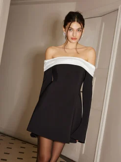 COMMENSE Color Block Off-Shoulder Bell Sleeve Dress* Black Dresses|Casual Dresses