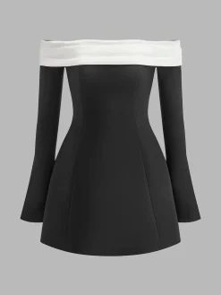 COMMENSE Color Block Off-Shoulder Bell Sleeve Dress* Casual Dresses|Work Dresses