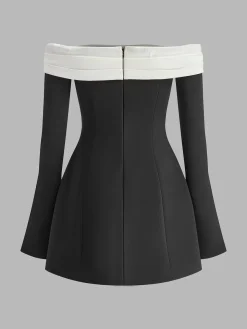 COMMENSE Color Block Off-Shoulder Bell Sleeve Dress* Casual Dresses|Work Dresses