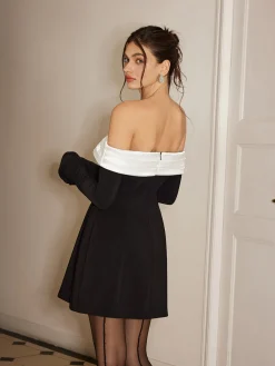 COMMENSE Color Block Off-Shoulder Bell Sleeve Dress* Casual Dresses|Work Dresses