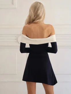 COMMENSE Color Block Off-Shoulder Long Sleeve Short Dress* White Dresses|Casual Dresses