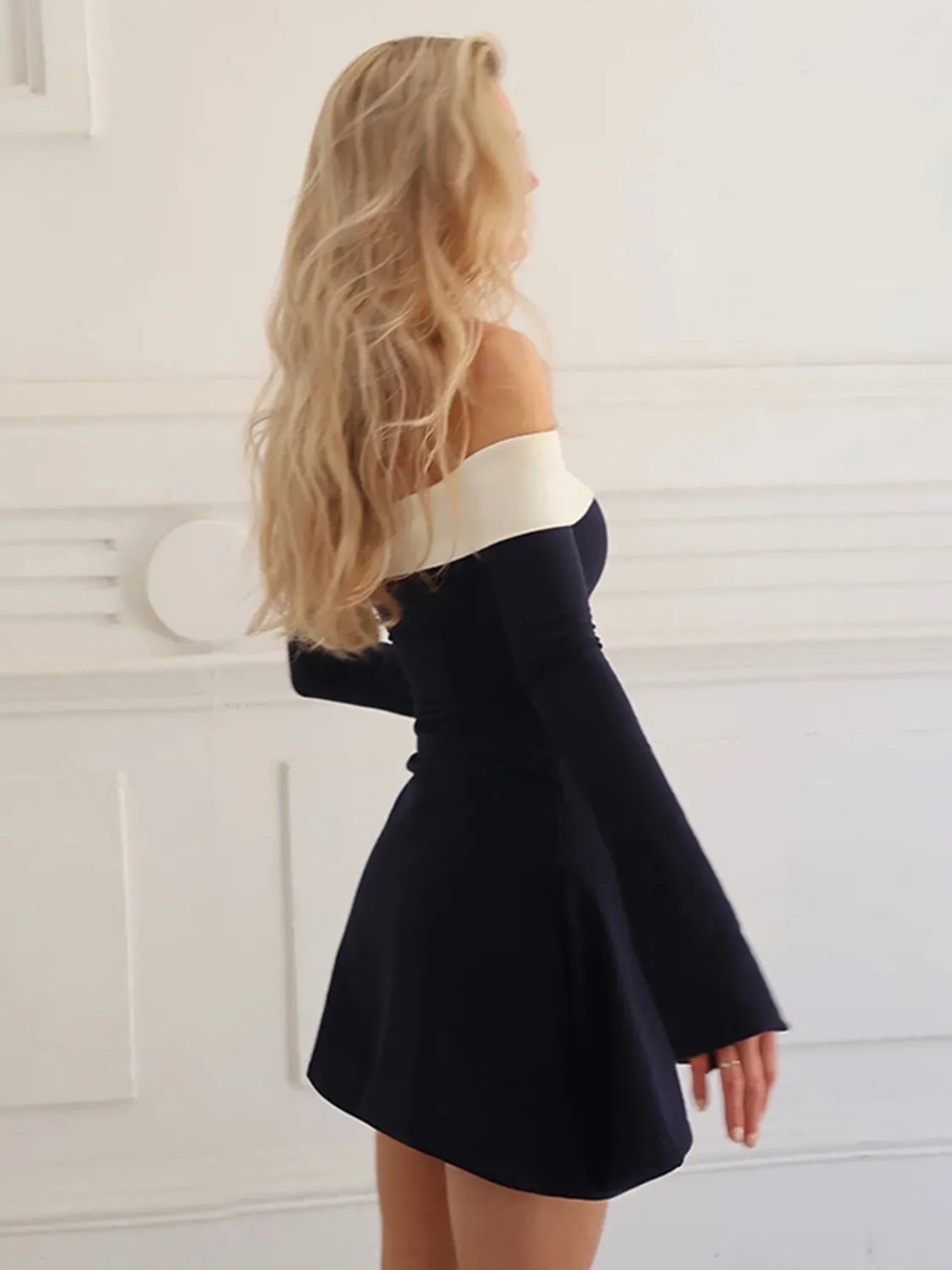 COMMENSE Color Block Off-Shoulder Long Sleeve Short Dress* White Dresses|Casual Dresses