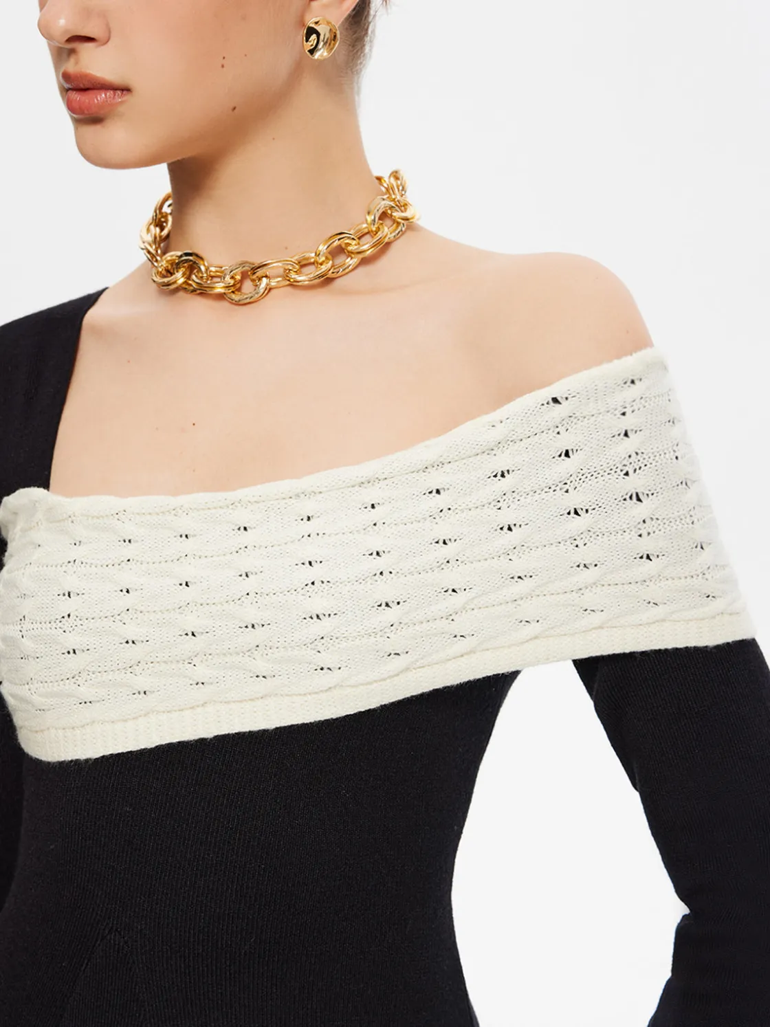 COMMENSE Color Block One-Shoulder Sweater Dress* Black Dresses|Sweater Dresses