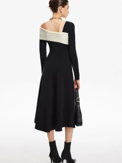 COMMENSE Color Block One-Shoulder Sweater Dress* Black Dresses|Sweater Dresses