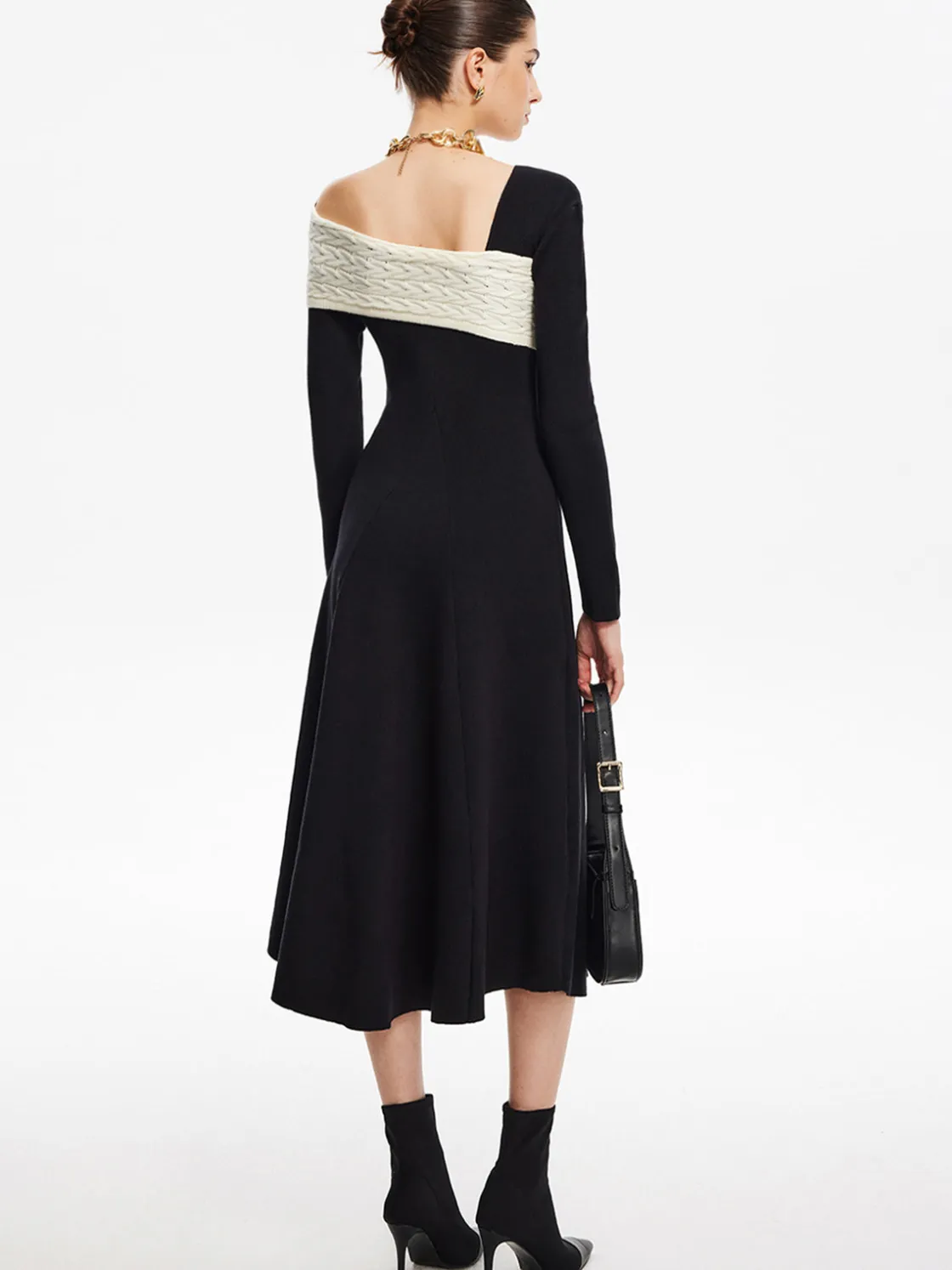COMMENSE Color Block One-Shoulder Sweater Dress* Black Dresses|Sweater Dresses