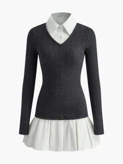 COMMENSE Color Block Panel Lapel Knit Dress* Sweater Dresses|Casual Dresses