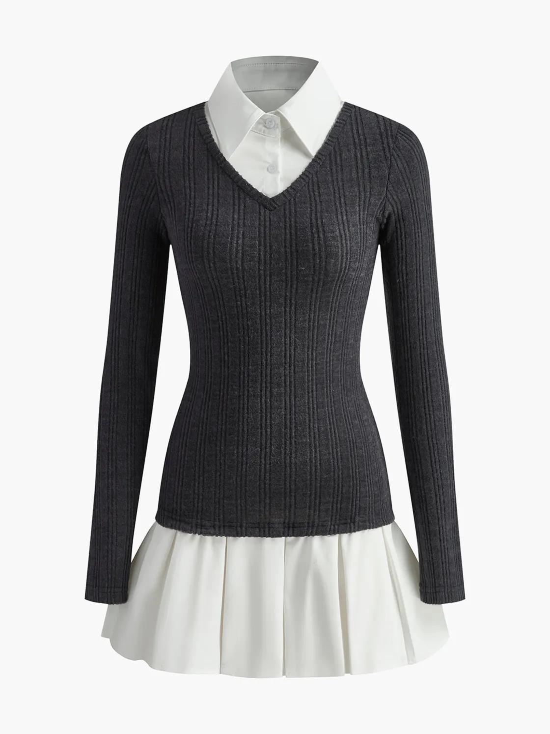 COMMENSE Color Block Panel Lapel Knit Dress* Sweater Dresses|Casual Dresses