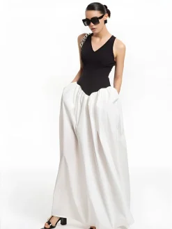 COMMENSE Color Block Panel Pockets Dress* White Dresses|Casual Dresses