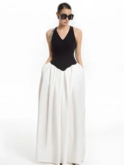 COMMENSE Color Block Panel Pockets Dress* White Dresses|Casual Dresses