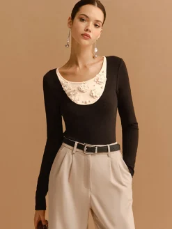COMMENSE Color Block Pearl Floral Jersey Top* T-shirts|Tops