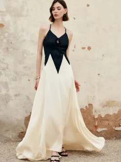 COMMENSE Color Block Pleated Cutout Cami Long Dress* Cocktail & Party Dresses|Summer Dresses
