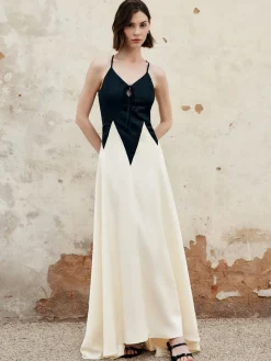 COMMENSE Color Block Pleated Cutout Cami Long Dress* Cocktail & Party Dresses|Summer Dresses